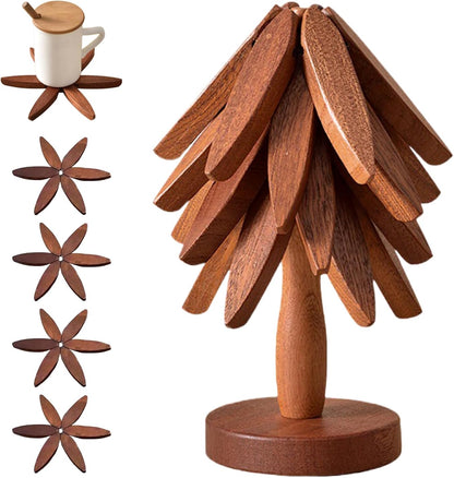 🔥Christmas Early Discount 49% Off✨Natural Tree Trivet Set - 4 Wooden Trivets & 1 Stand Like a Christmas Tree